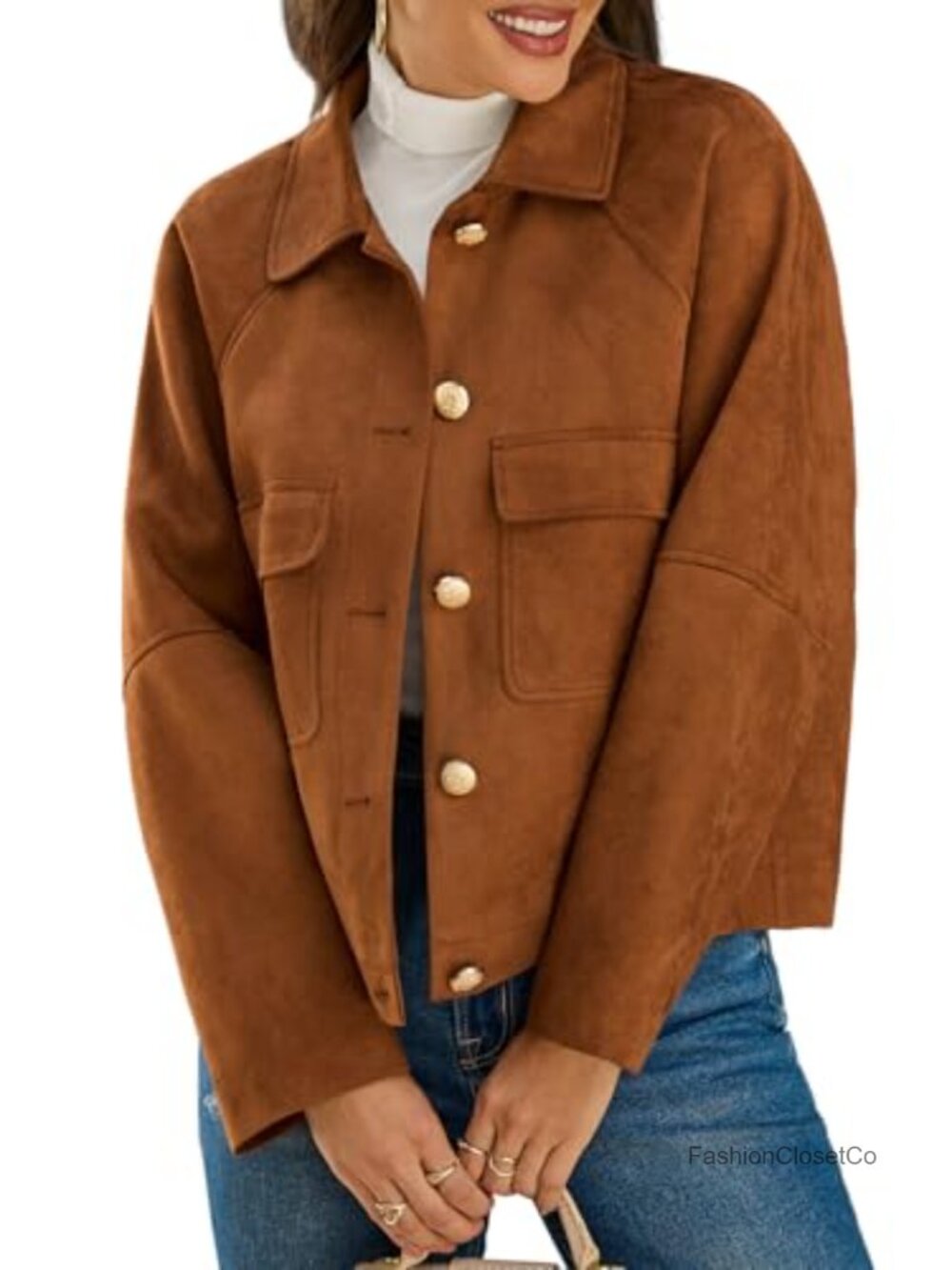 Faux Suede Cropped Shacket Womens Button Down Vintage Jacket